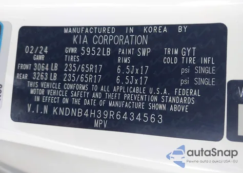 2024 Kia Carnival Mpv Lx Seat Package z USA, uszkodzony, nr VIN KNDNB4H39R6434563